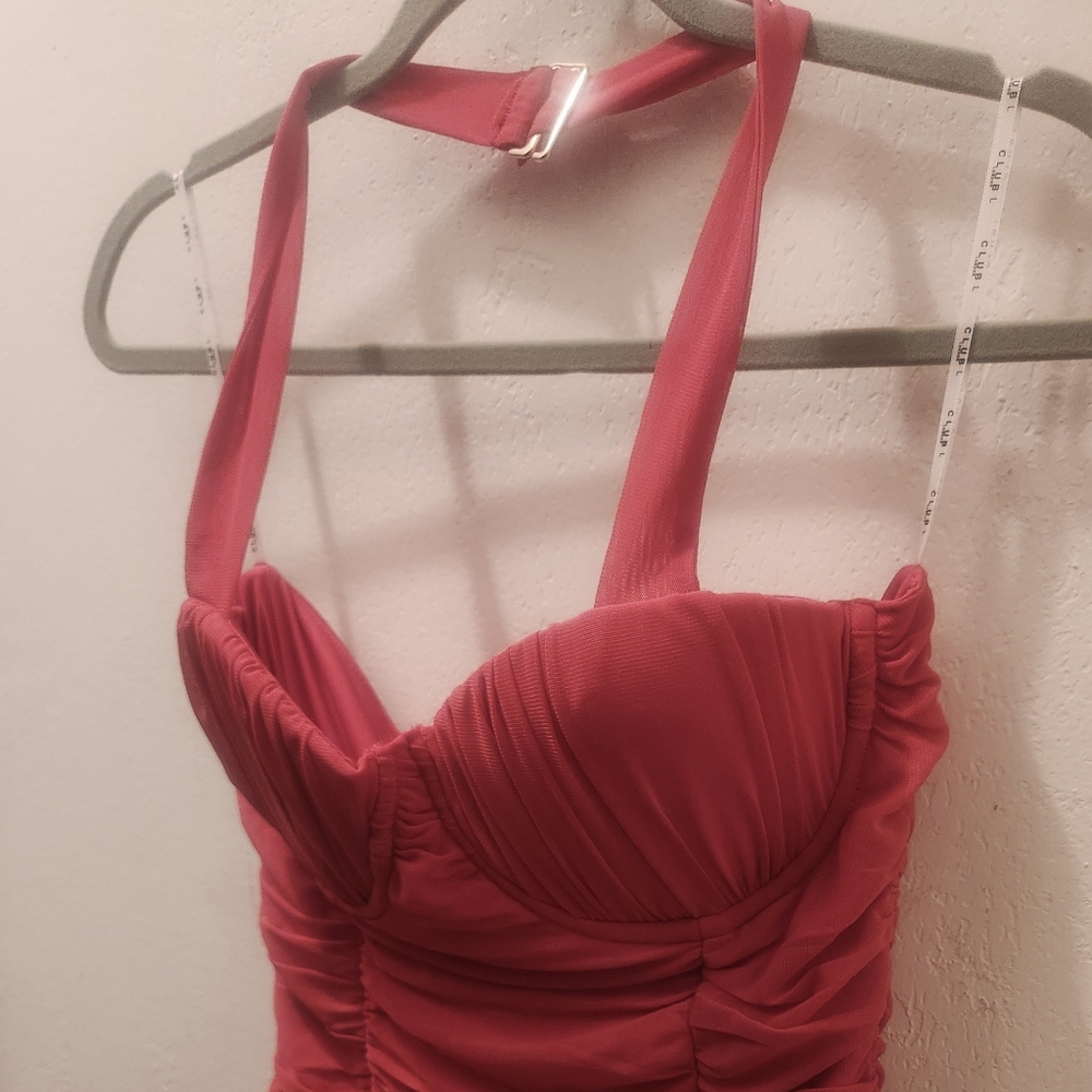 Club L London | Breakthough Raspberry Ruched Halterneck Mini Dress - Picture 5 of 9